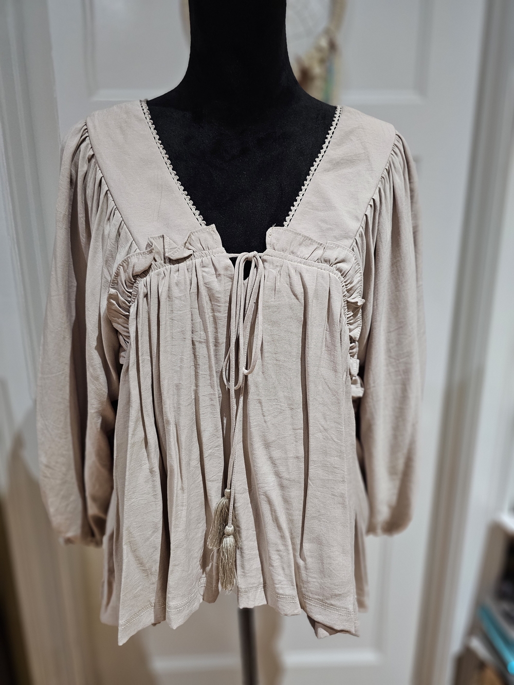 Women's Taupe/Dusty Rose Peasant Tie-Front Blouse, NWT